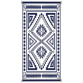 Reversible Outdoor Rug, Waterproof Plastic Straw with Carry Bag, 9' x 18', Blue & White Square Patchwork