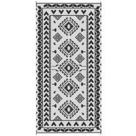 Reversible Outdoor Rug, Waterproof Plastic Straw with Carry Bag, 9' x 18', Black & White Rhombus Patchwork