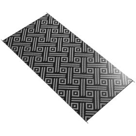 Portable Patio Mat Reversible Black & Gray Geometric Outdoor Rug 9x18 with Carry Bag for RV Camping