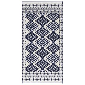 Reversible Outdoor Rug, Waterproof Plastic Straw with Carry Bag, 9' x 18', Blue & White Rhombus Border