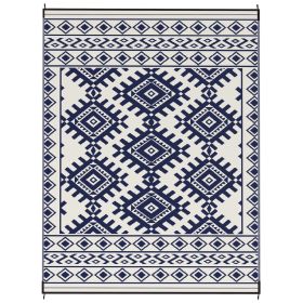 Reversible Outdoor Rug, Waterproof Plastic Straw with Carry Bag, 9' x 12', Blue & White Rhombus Border