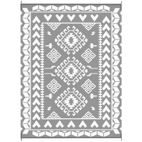 Reversible Outdoor Rug, Waterproof Plastic Straw with Carry Bag, 9' x 12', Gray & White Rhombus Patchwork