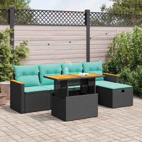 6 Piece Patio Sofa Set with Cushions Black Poly Rattan Acacia