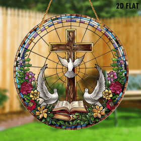 CIFbuy Colorful Acrylic Cross Doves Hanging Decor Stained Glass Effect Indoor Outdoor Wall Art Garden Ornament (TikTok, temu pick-up service)